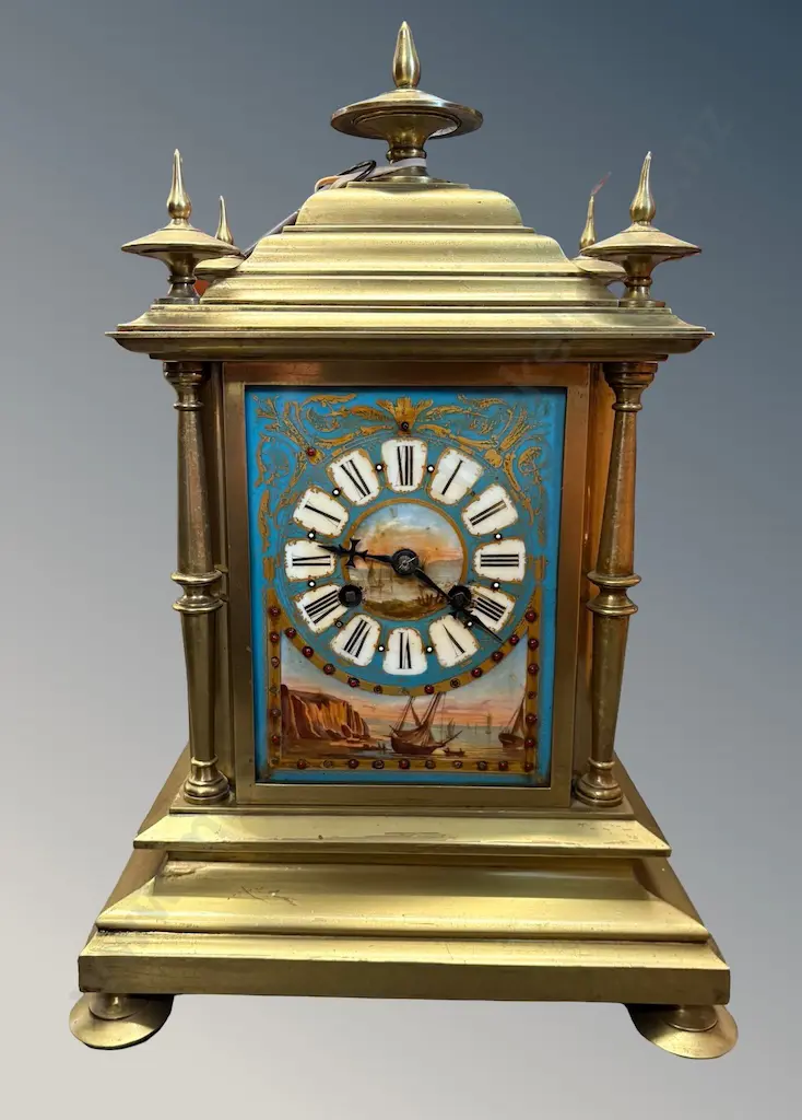 John Bennett, London, Brass Mantle Clock with Hand Painted Porcelain Panels, with Key, H41cm Image 1++
