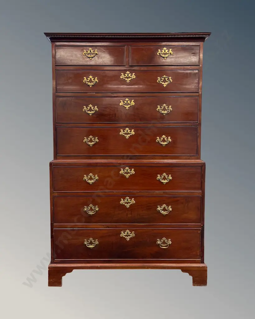 Georgian Mahogany Chest on Chest with 8 Drawers and Brass Drawer Pulls and Euschetons, L170xH172xD49cm Image 1++