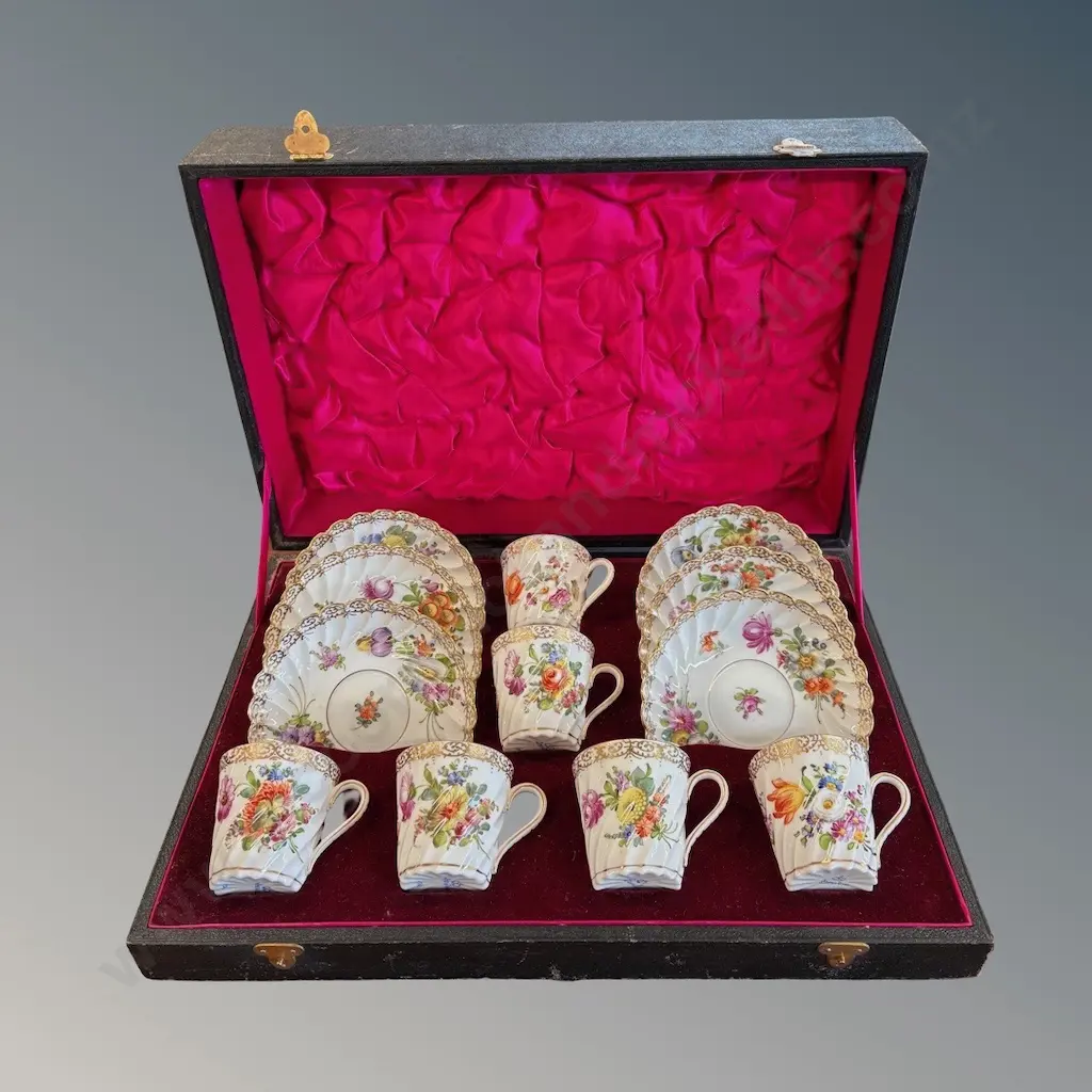 Leather Cased Dresden Set of 6 Demitasse Cups and Saucers Image 1++