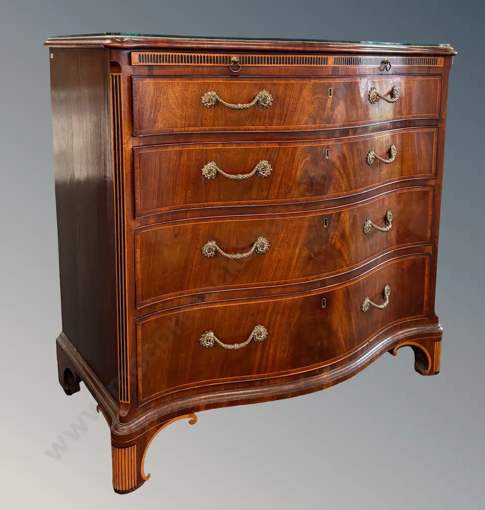 Flame Mahogany Serpentine Front 4 Drawer Gentleman's Chest with Ebony and Fruitwood Beading, with Pull Out Brush Tray Image 1++