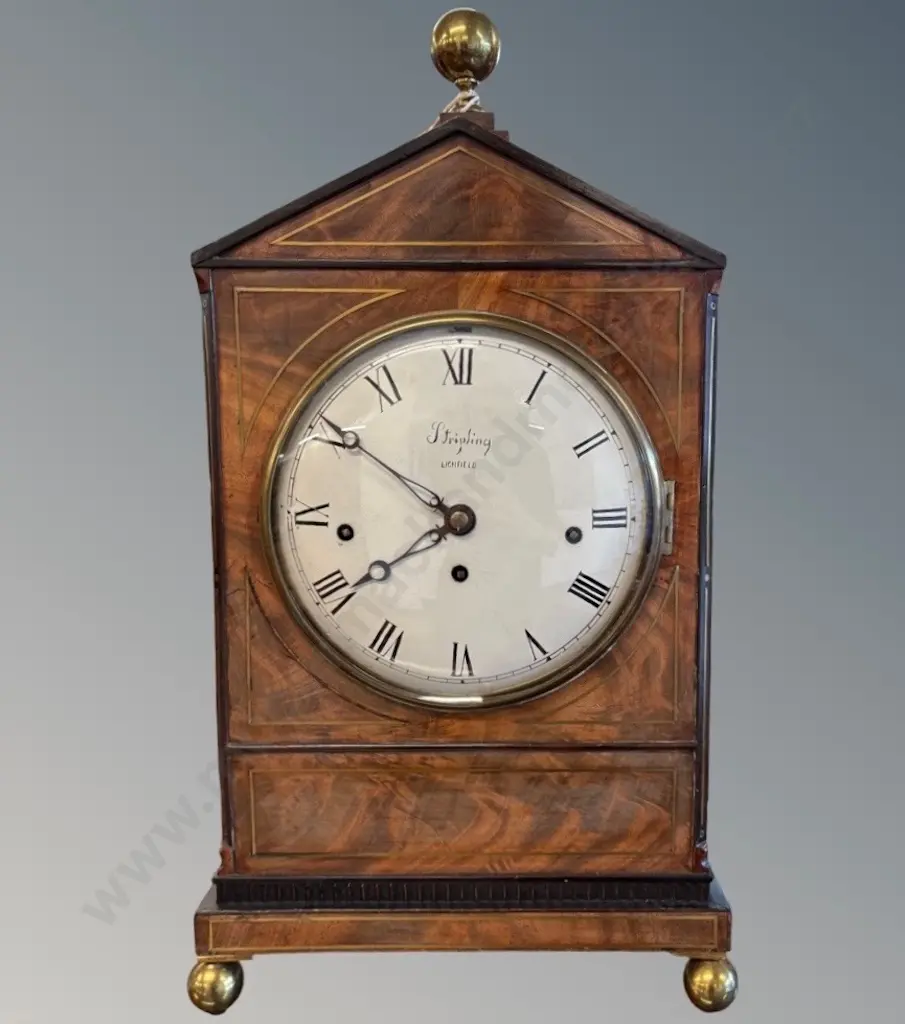 Stripling Lichfield Flame Mahogany Cased Mantle Clock with Brass Stringing, Mounting and Ball Feet, Glass Back Panel, Image 1++
