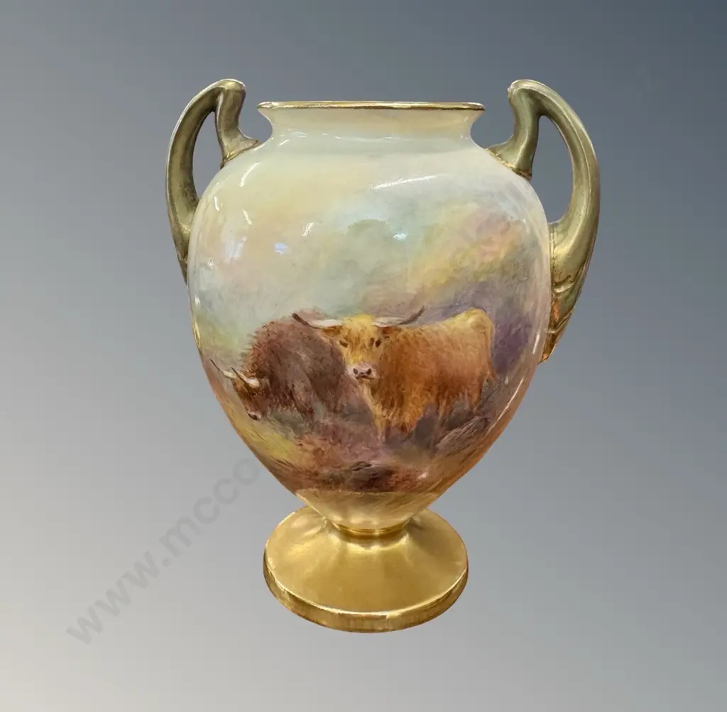 Royal Worcester Highland Cattle Urn Shaped Vase, signed Stinton, H10.5cm Image 1++