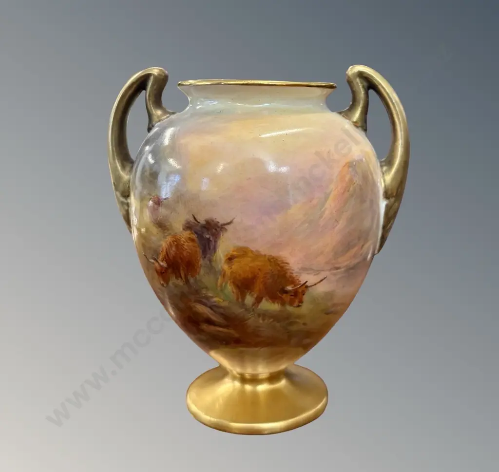Royal Worcester Highland Cattle Urn Shaped Vase, signed Stinton, H10.5cm Image 1++