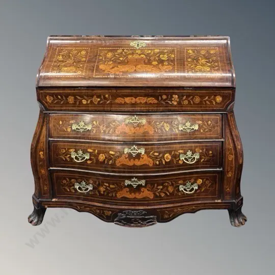 Floral Marquetry Cylinder Bureau featuring a Bombe Shaped Front with Intricate Inlayed Floral and Bird Patterns, Image 1++