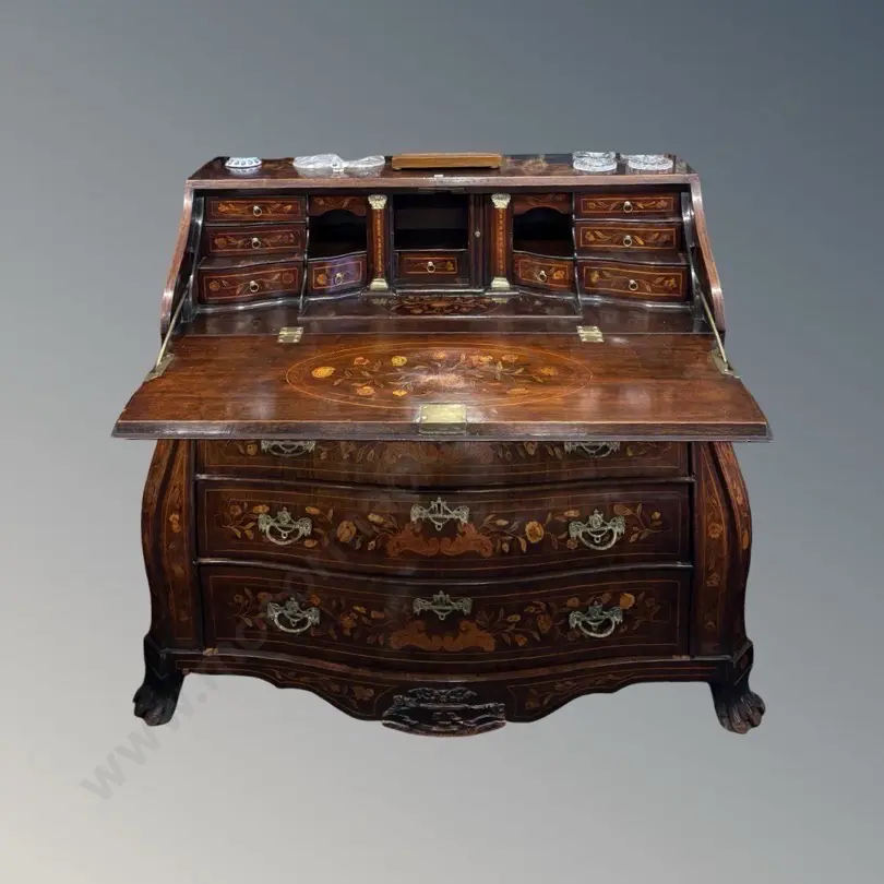 Floral Marquetry Cylinder Bureau featuring a Bombe Shaped Front with Intricate Inlayed Floral and Bird Patterns, Image 1++