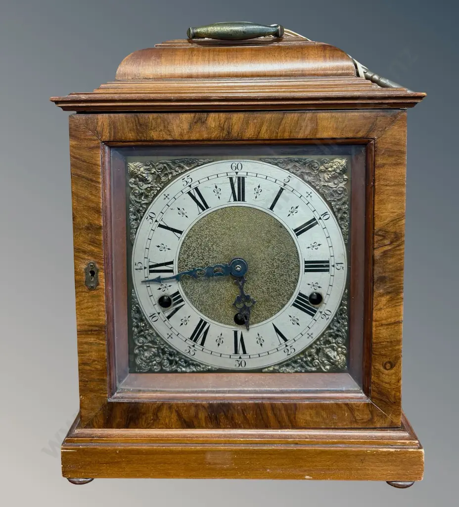 Walnut Cased British Anvil Mantle Clock with Brass and Enamel Face, with Key H33xL24cm Image 1++