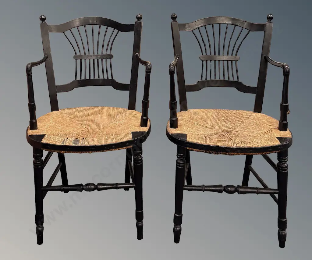 Pair of Splat Back Elbow Chairs with Rush Covered Seats Image 1++
