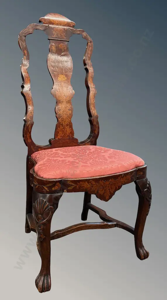 High Back Hall Chair with Elaborate Floral Marquetry Inlay with Upholstered Seat and Cabriole Claw Feet Image 1++