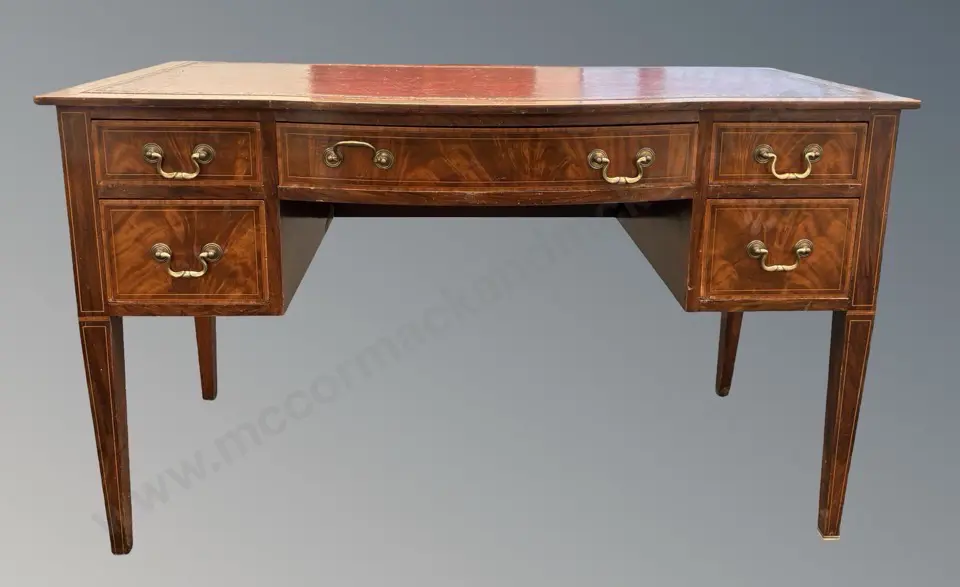 Flame Mahogany Tooled Leather Inlaid Five Drawer Bowfront Desk with Fruitwood Stringing, L122x D59xH72cm Image 1++