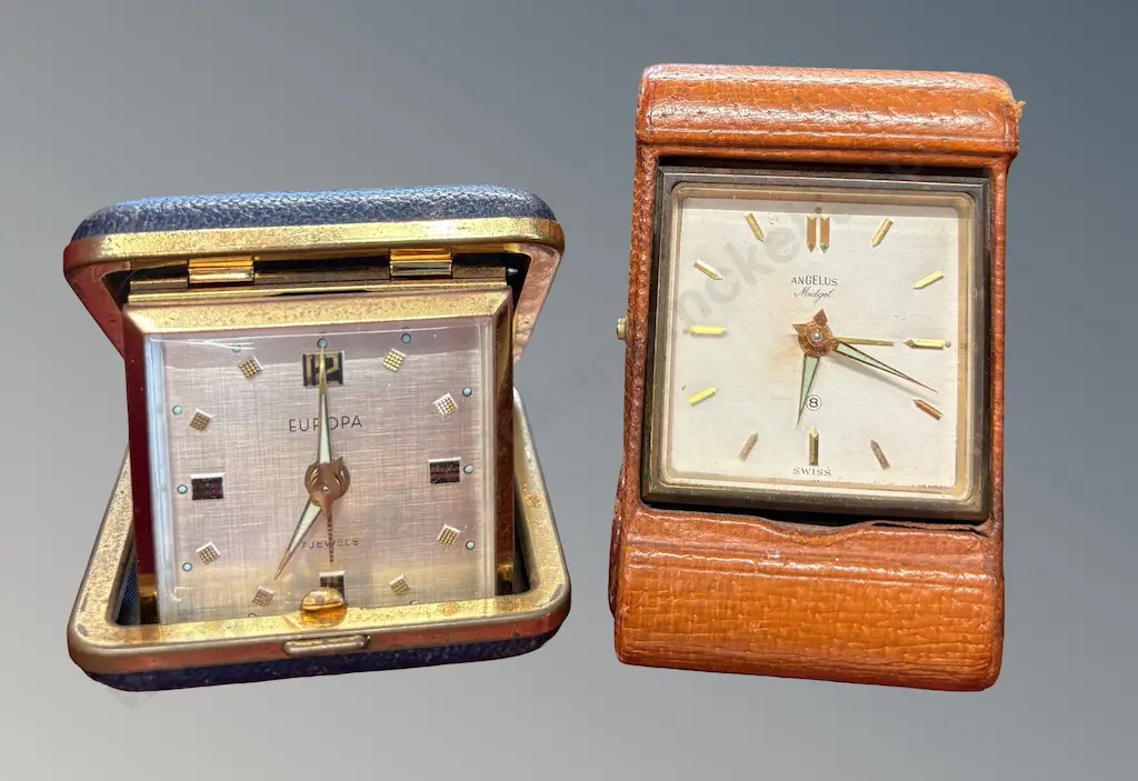 Two Leather Cased Travel Clocks - Europa & Angelus Midget Image 1++
