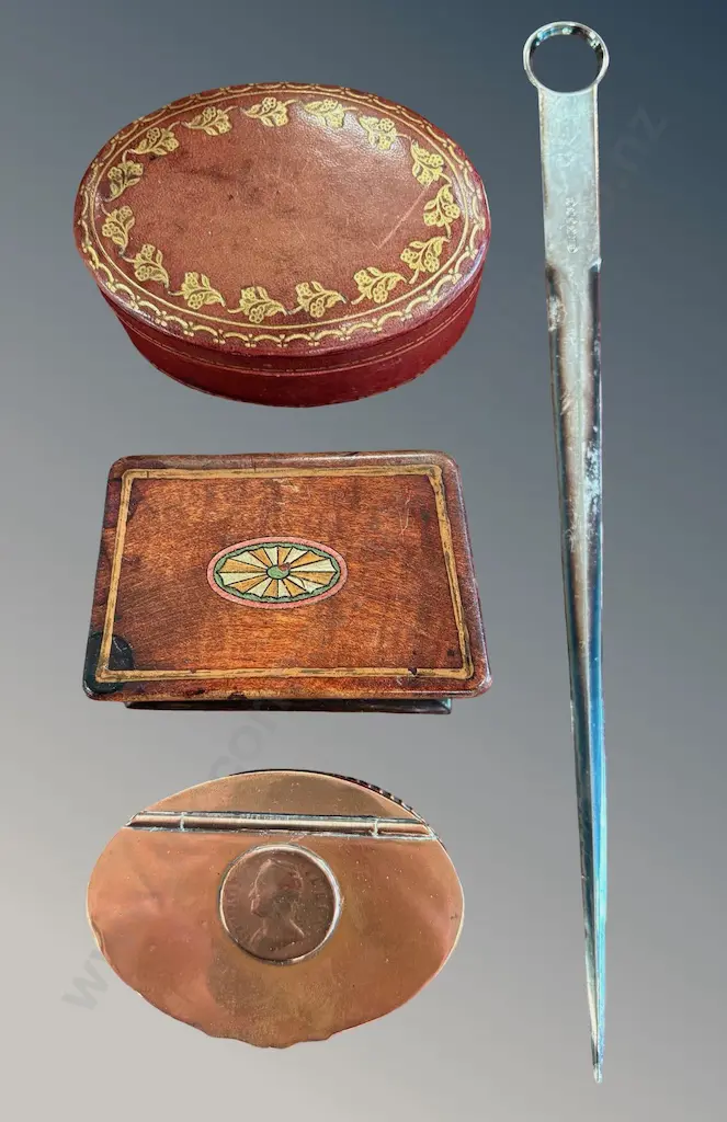 Oval Leather Tooled Trinket Box, Copper Coin Box, Mahogany with Fruitwood Inlay Trinket Box, Silver Plated Letter Opener Image 1++