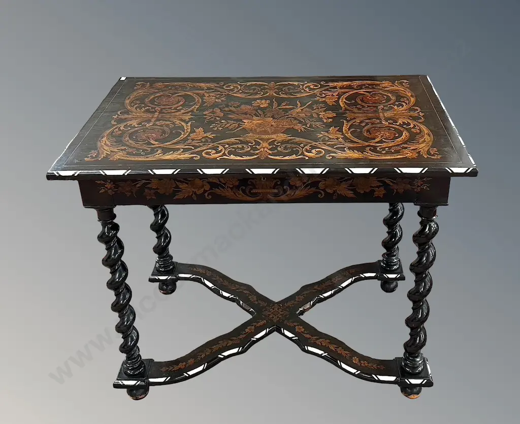 Occasional Table with Marquetry and Bone Inlay with Black Lacquer Finish, Barley Twist Legs L87xH73xD57cm Image 1++