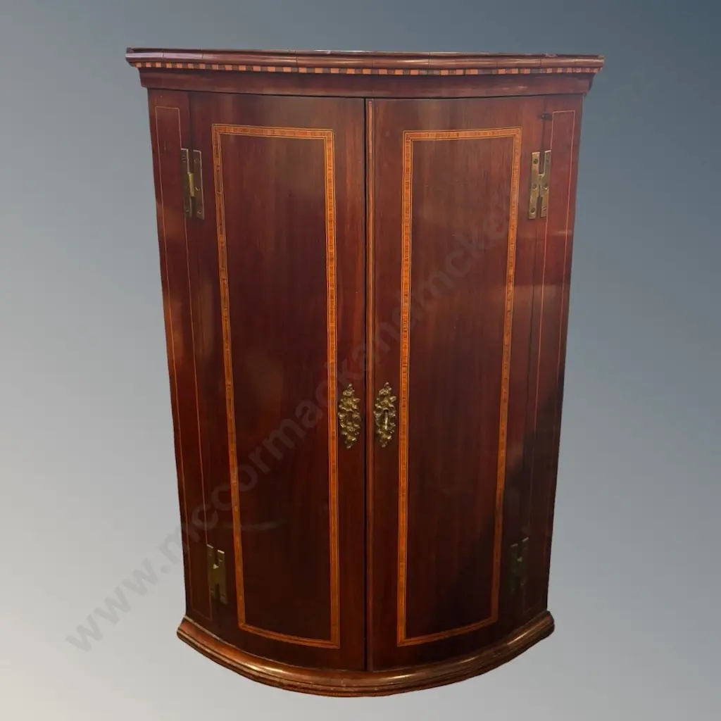 Mahogany Bow Fronted Two Door Corner Cabinet with Ebony and Fruitwood Inlay L70xH103xD47cm Image 1++