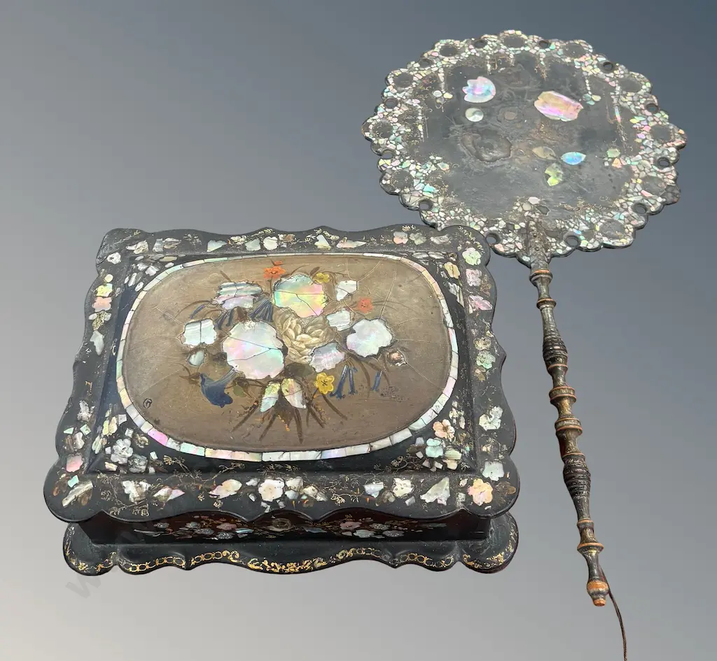 Decorative Ebony and Mother of Pearl Inlayed Trinket Box and Face Screen Image 1++