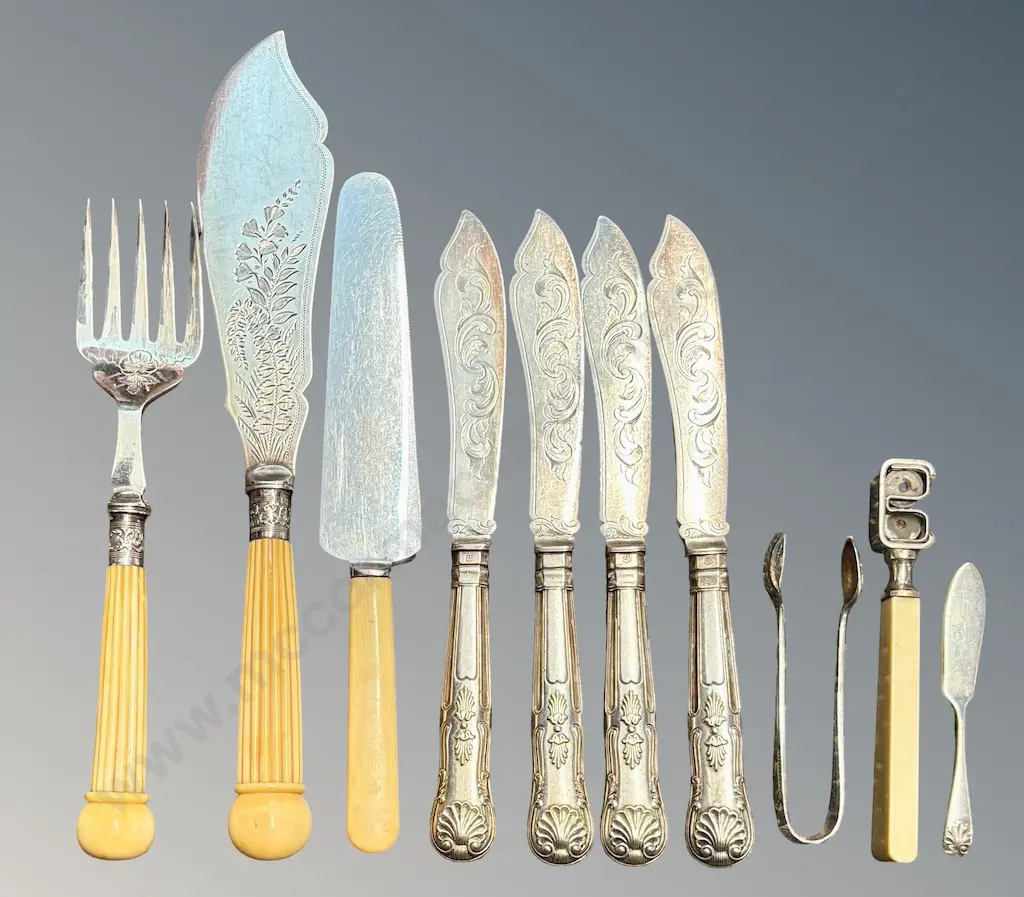 Assorted Bone handled Silver Plate Fish Knives, Servers, Tongs, Knife Sharpener etc Image 1++