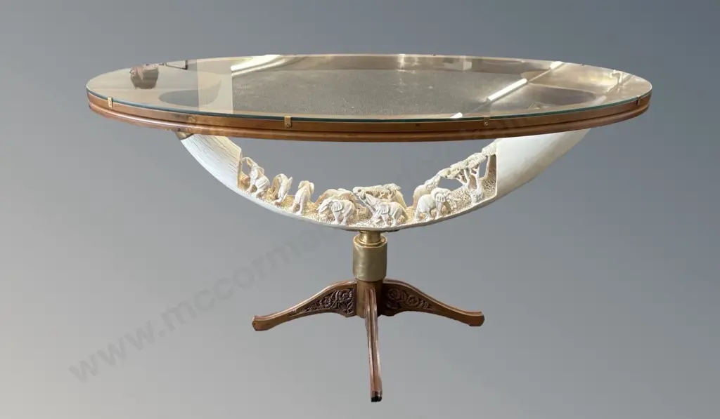 Carved Ivory Tusk Occasional Table with Gold Plated ends and Glass Top, H56.5xL107.5xW54.5cm Image 1++