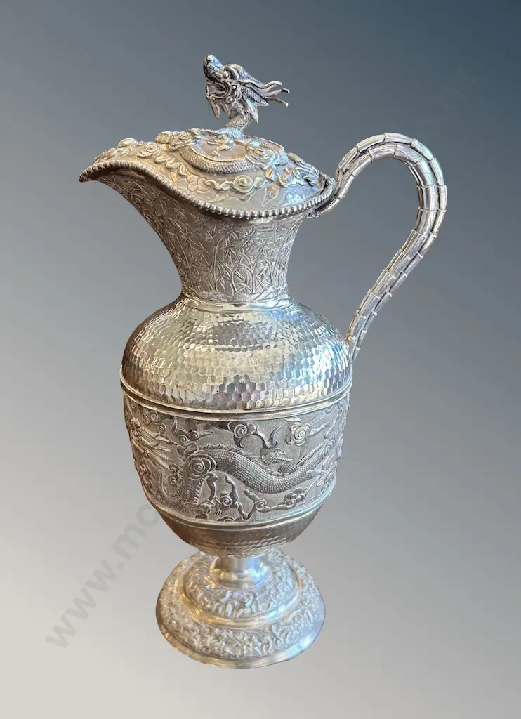 Tu Mao Xing Chinese Silver Lidded Ewer featuring Ornate Dragons Decoration and Dragon Finial, H28cm, TW875gms Image 1++