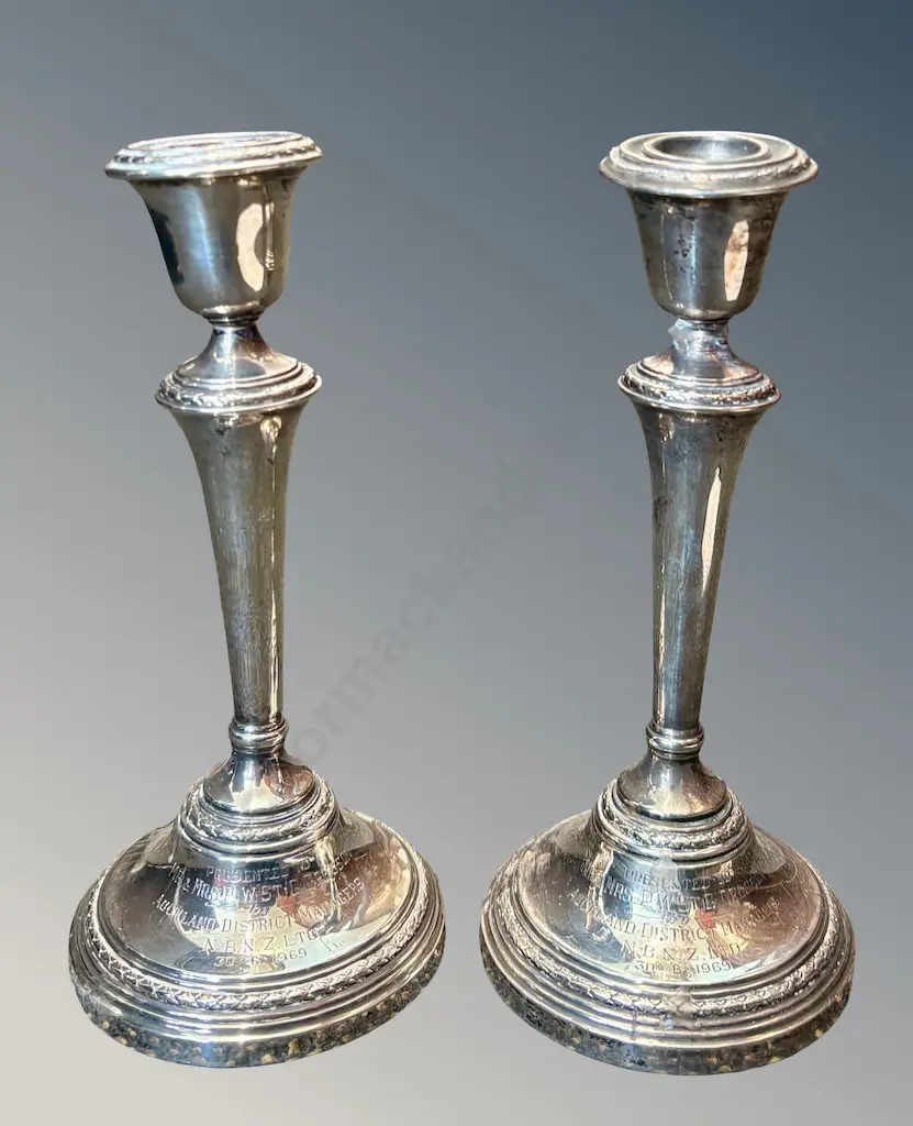 Pair of Sterling Silver Candlesticks, 1 bent at neck (weighted bases) H20cm, TW852gms Image 1++