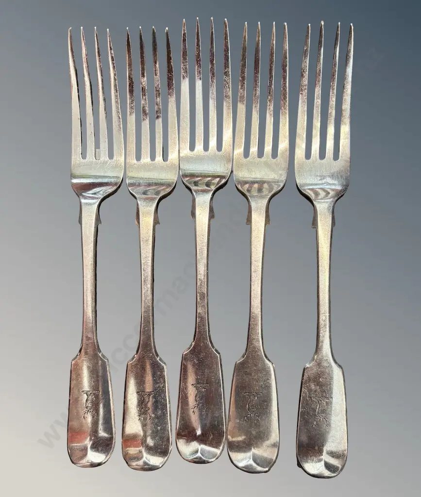 Set of 5 Sterling Silver Fiddleback Pattern Forks, TW345gms Image 1++