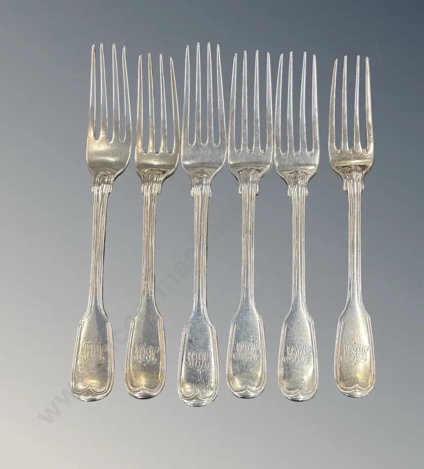 Set of 6 Sterling Silver Fiddleback Pattern Forks, TW302gms Image 1++