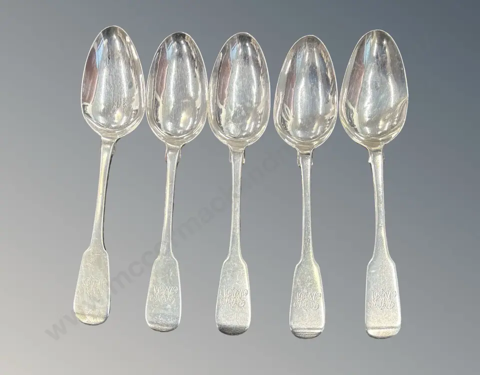 Five Sterling Silver Fiddleback Pattern Spoons, TW160gms Image 1++