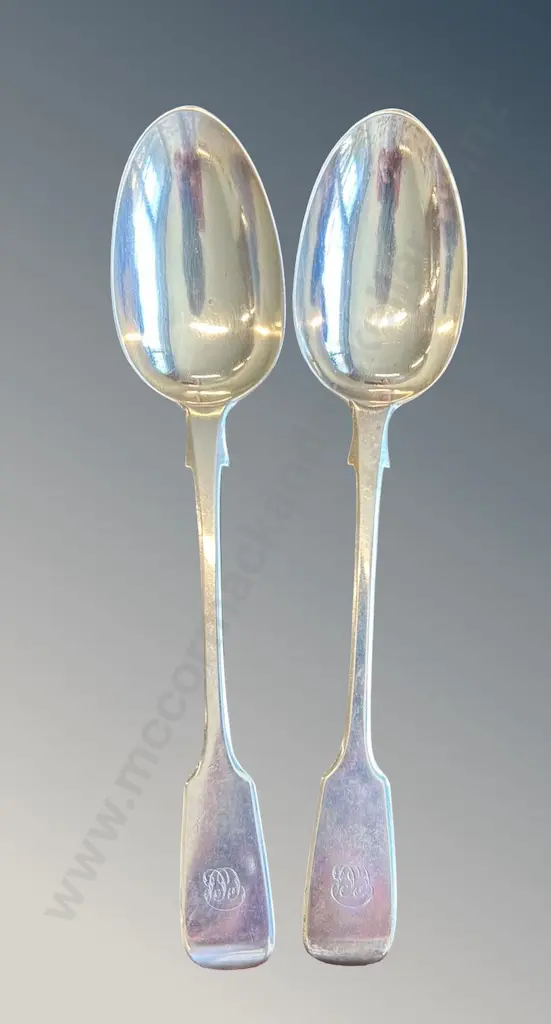 Pair of Sterling Silver Fiddleback Pattern Spoons, TW150gms Image 1++