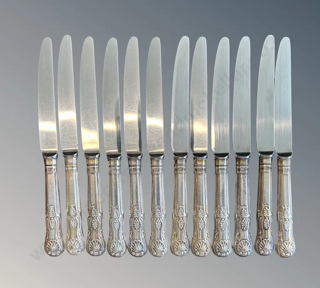 Set of 12 Kings Pattern Sterling Silver Handled Large Knives, TW840gms Image 1++