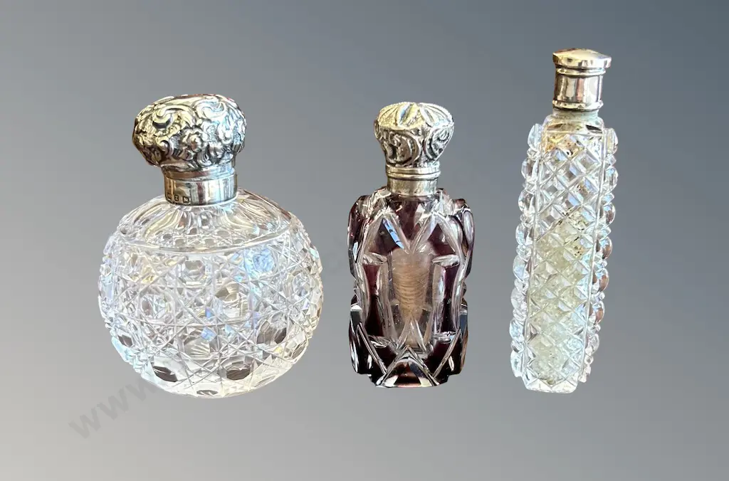 Sterling Silver Mounted Scent Bottle, No Stopper and 2 Dressing Table Containers Image 1++