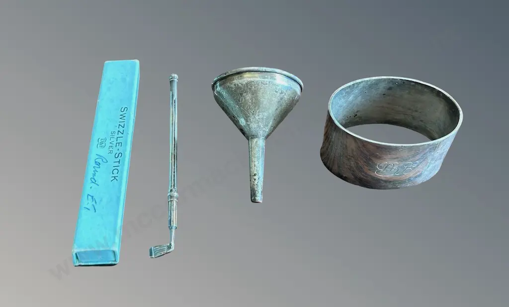 Sterling Silver Funnel, Golf Club Swizzle Stick and Napkin Ring, TW70gms Image 1++