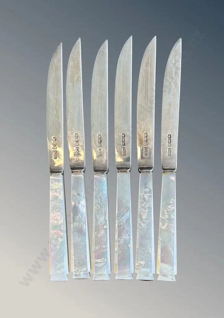 Cased Set of 6 Sterling Silver Blade and MOP Handled Knives, TW127gms Image 1++