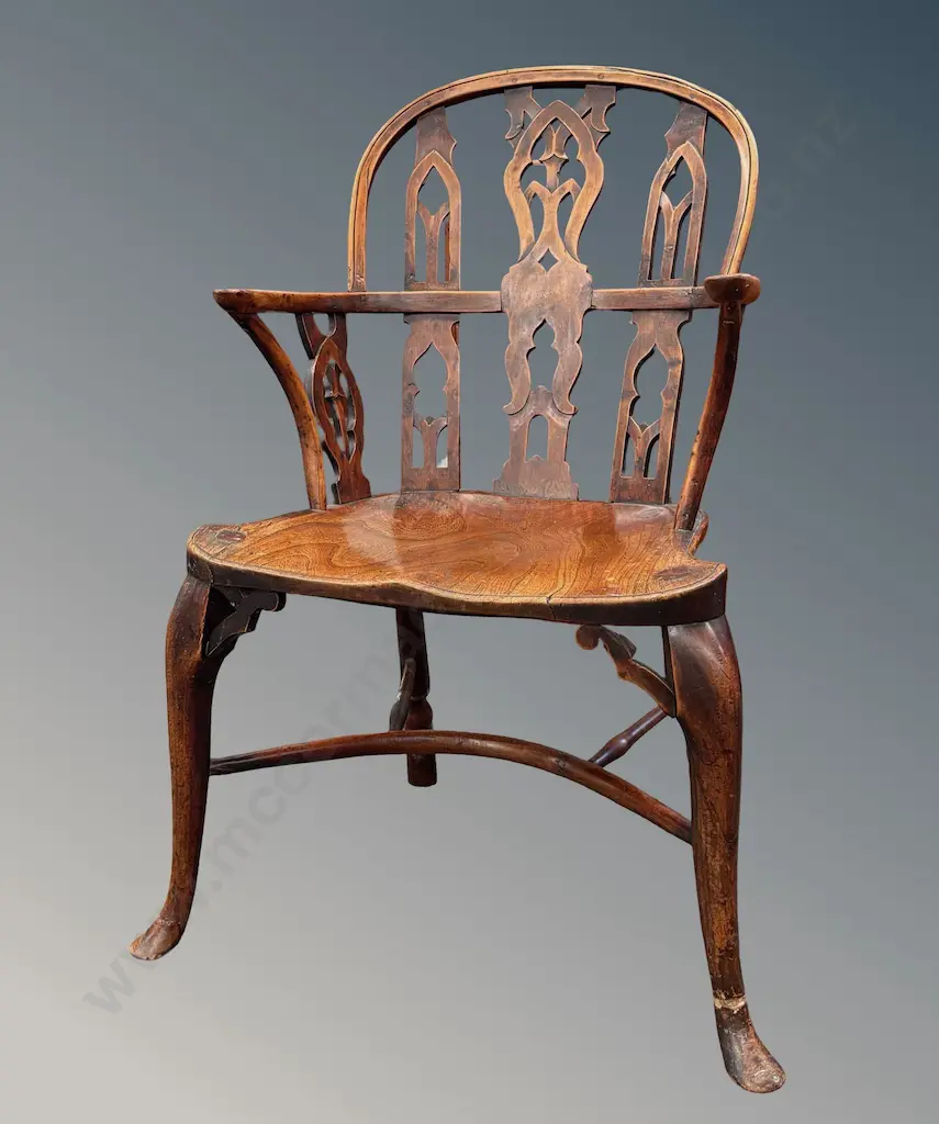 Gothic Revival Elm Windsor Armchair with Tapestry Cushion (repair to one leg) Image 1++