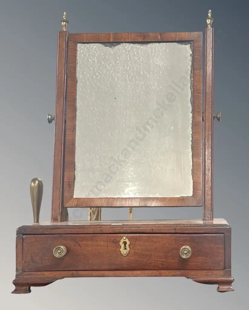 Georgian Mahogany Cheval Mirror with Single Drawer, Brass Finials and Handles Image 1++