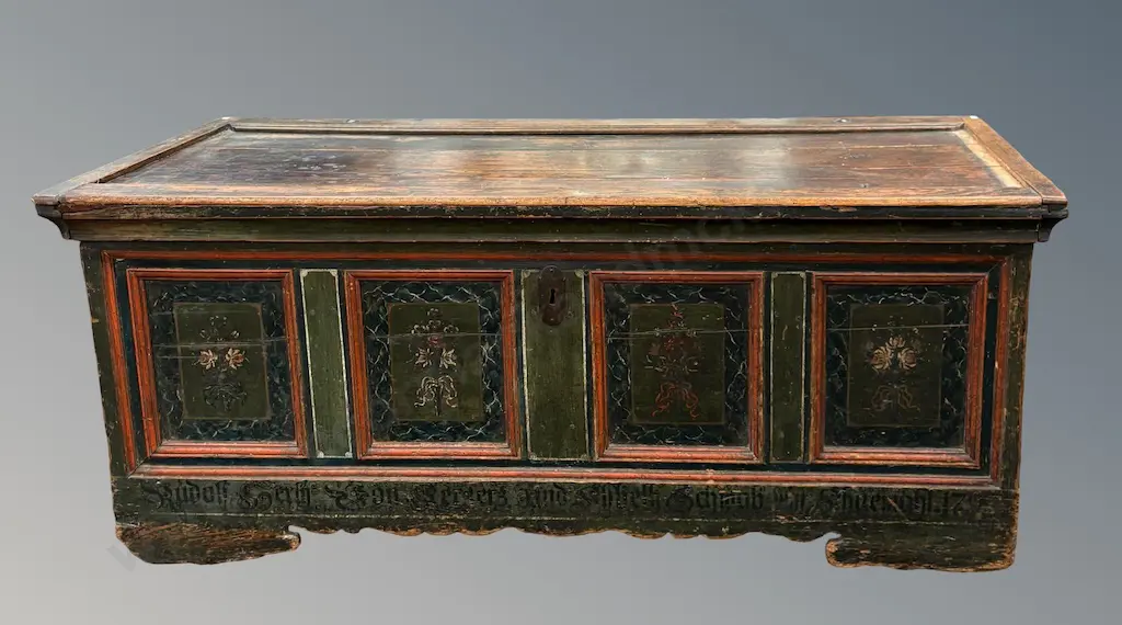 Oak Four Panelled Coffer with Hand Painted Folk Art H59xL140xD58.5cm Image 1++