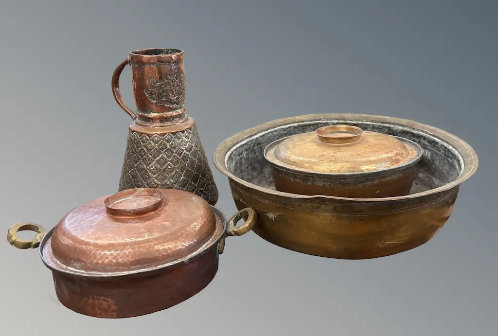 Large Brass Basin, Beaten Copper and Tin Lidded Pans & Large Middle Eastern Pitcher Image 1++