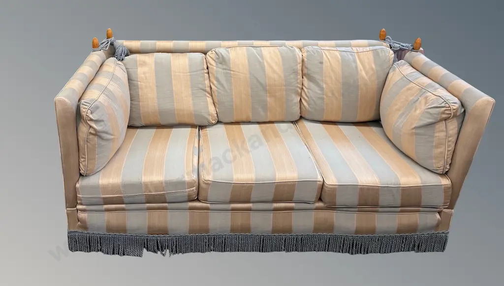 Knole Sofa with High Hinged Arms and Wooden Finials with Cord Ties and Fringe Base, Striped Upholstery L181xH79xD90cm Image 1++
