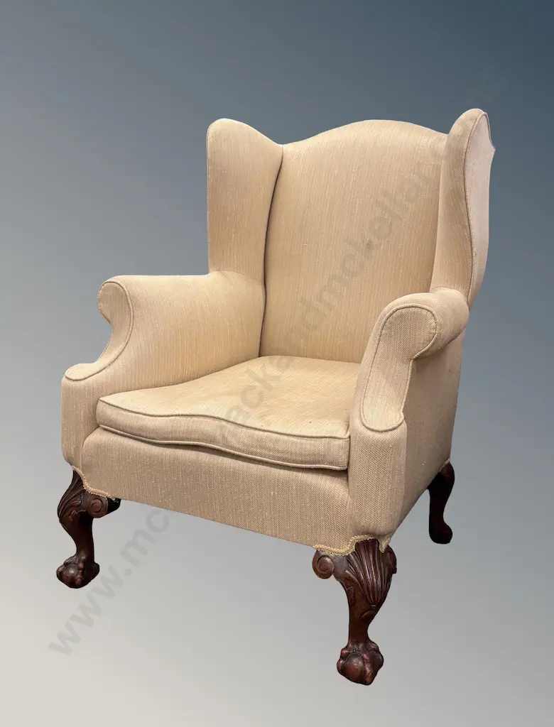 Upholstered Wingback Chair on Carved Ball and Claw Feet Image 1++