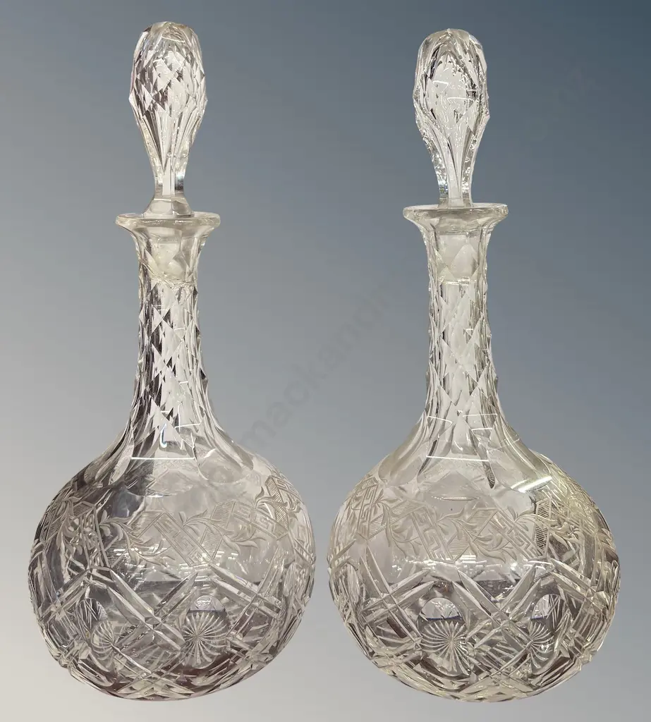 Pair of Waisted Etched Crystal Decanters H27cm Image 1++