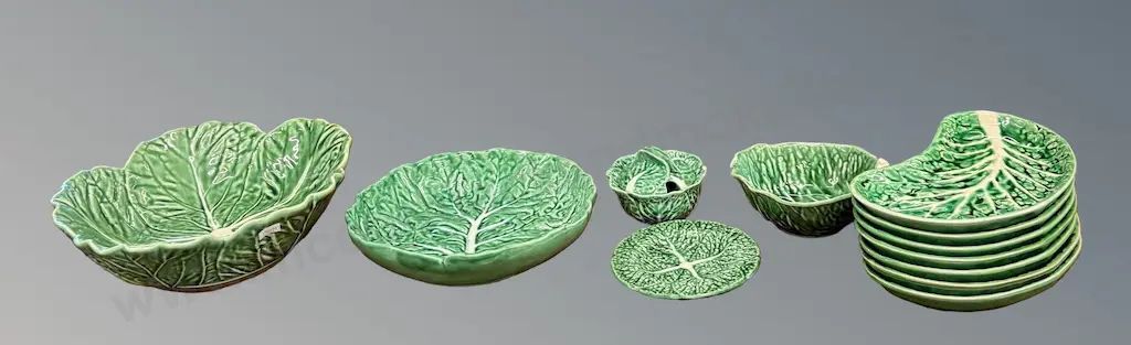 Bordallo Pinheiro & Portuguese Majolica Cabbage Bowls, Side Plates, Sauce Pot (pot AF) Image 1++