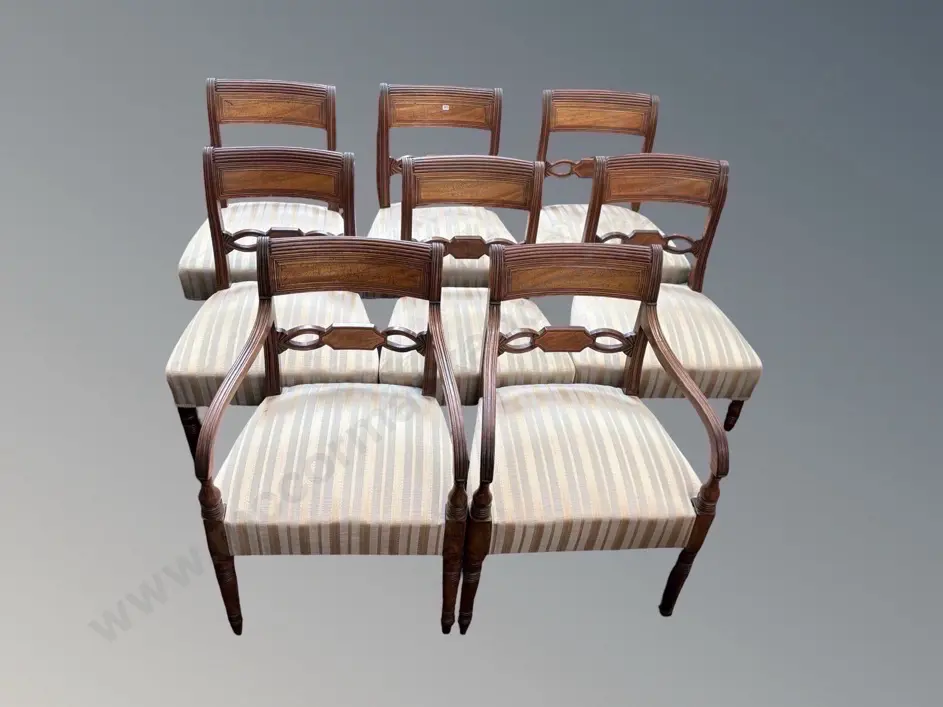 Six Mahogany Reeded Blade Back with Brass Stringing Dining Chairs Plus Two Matching Carvers Image 1++