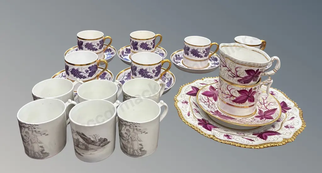 Flight Barr & Barr Worcester Gilt and Purple Grape Leaf Pattern Four Piece Set & Set of Six Early Coffee Cans, AF Image 1++