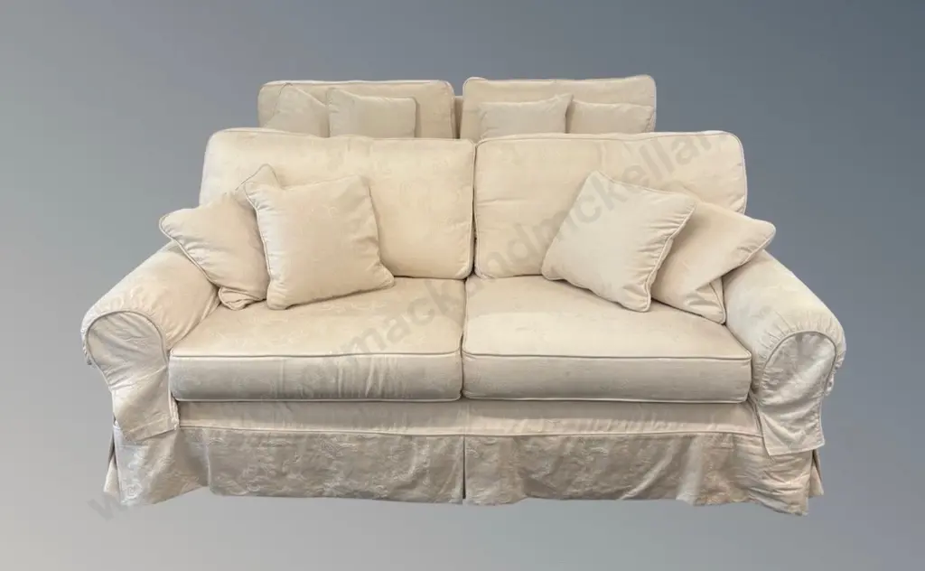 Two 2 Seater Rolled Armed Sofas with Cream Damask Loose Covers, L200xD97cm Image 1++
