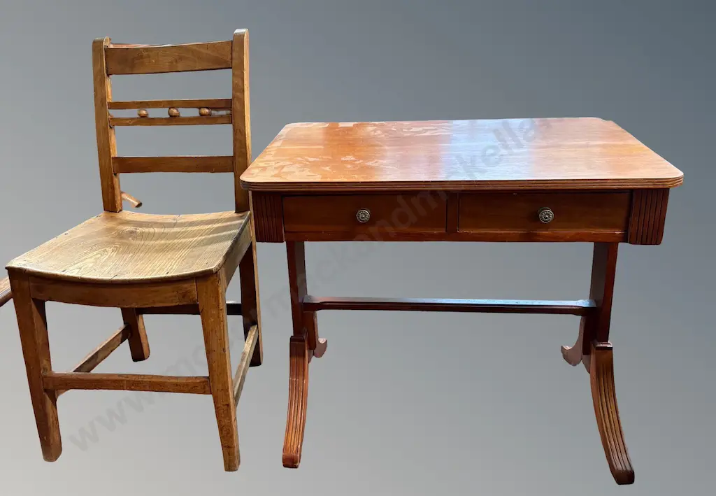 Elm Cottage Chair and Mahogany Two Drawer Hall Table on Refectory Base, H62xL72.5xD45cm Image 1++