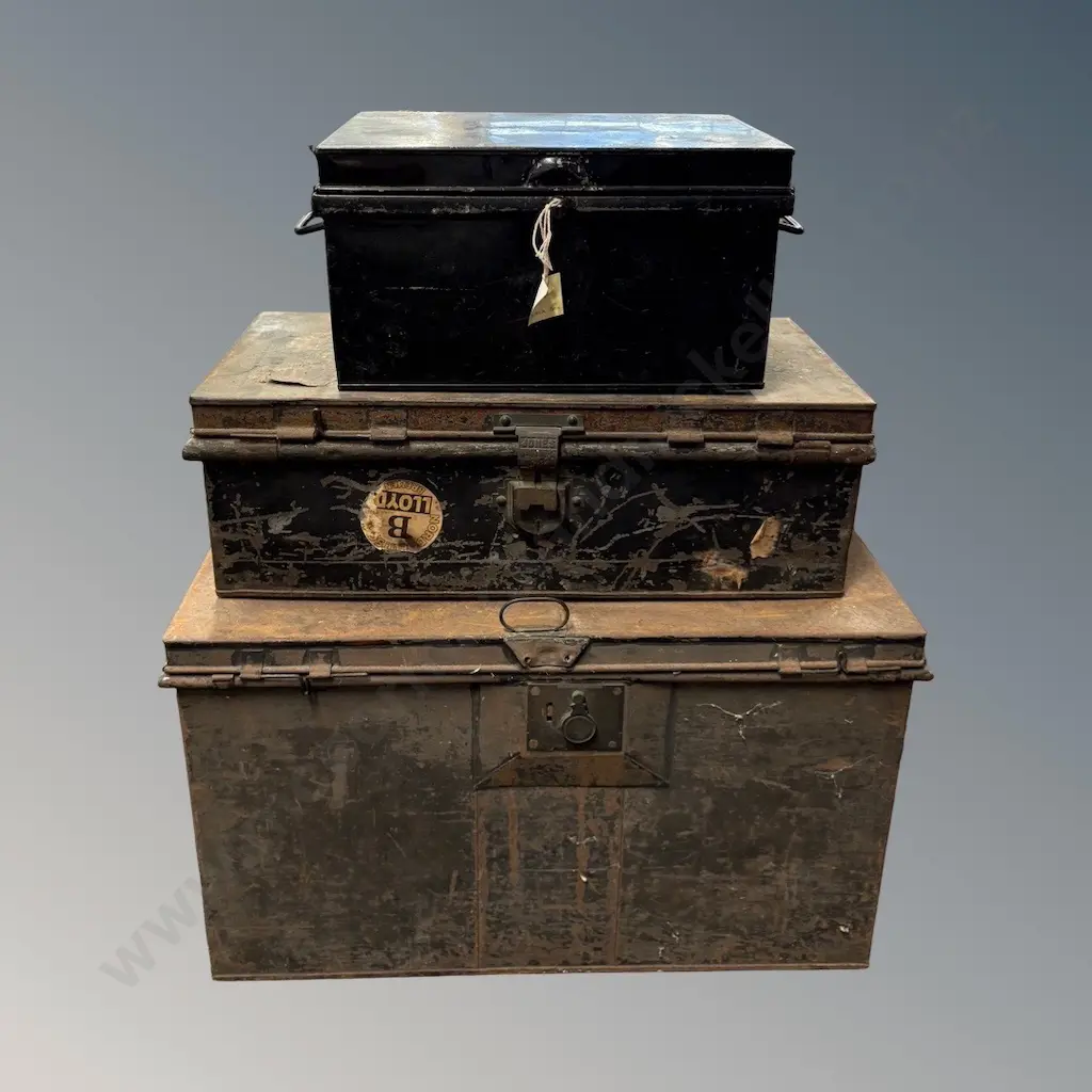 Two Metal Deed Boxes and a Metal Travelling Trunk Image 1++