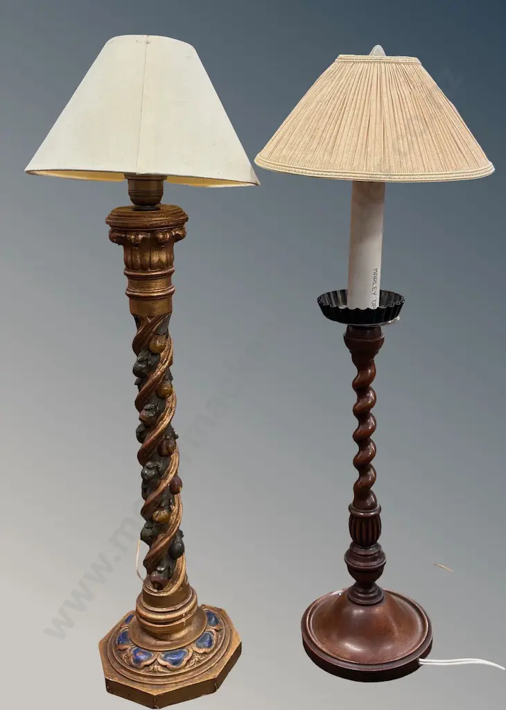 Mahogany Barley Twist Lamp and Gilded Wood Fruit and Barley Twist Lamp, H70cm, 74cm Image 1++