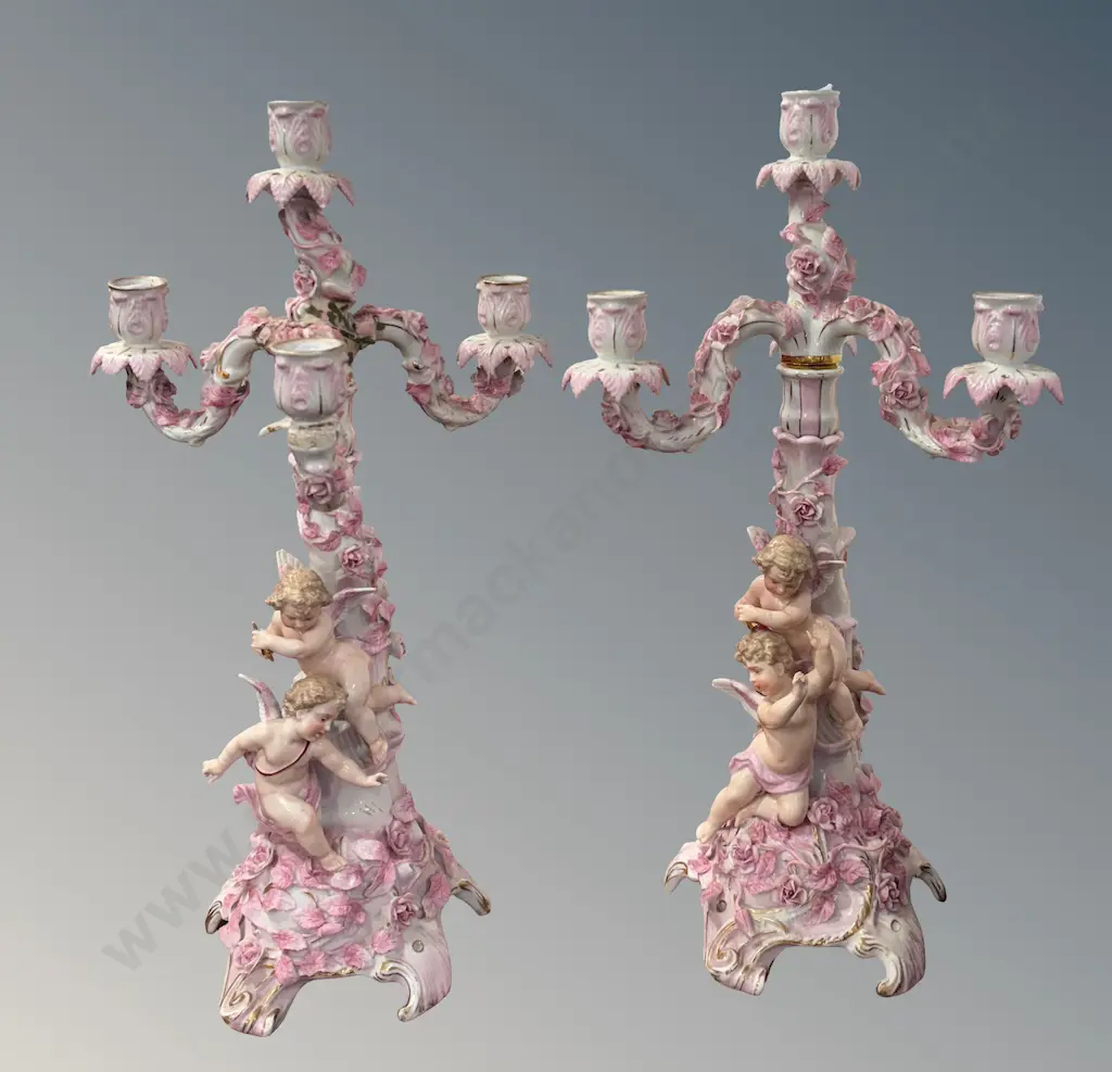 Pair of Sitzendorf Porcelain Candlesticks Featuring Floral Appliques and Cherub Figures, AF, H51cm Image 1++
