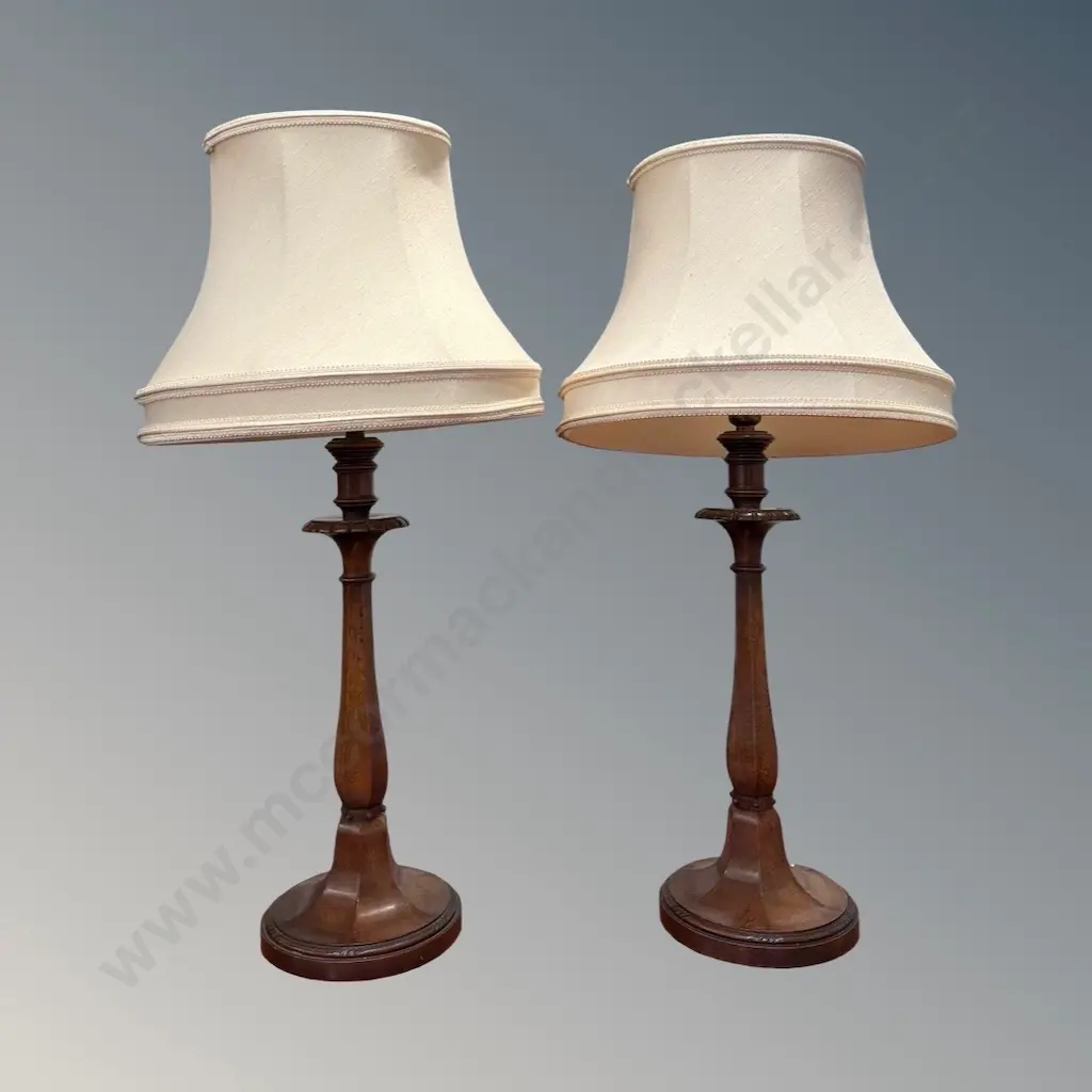 Pair of Mahogany Table Lamps with Shades H63cm Image 1++