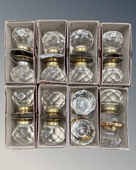 Seven Pairs of Vintage Faux Cut Crystal (resin) Brass Plated Door Knobs and One extra Mismatched Set, some paint marks Image 1++