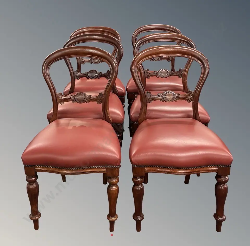 Set of 6 Mahogany Balloon Back Dining Chairs with Leather Upholstered Seats Image 1++