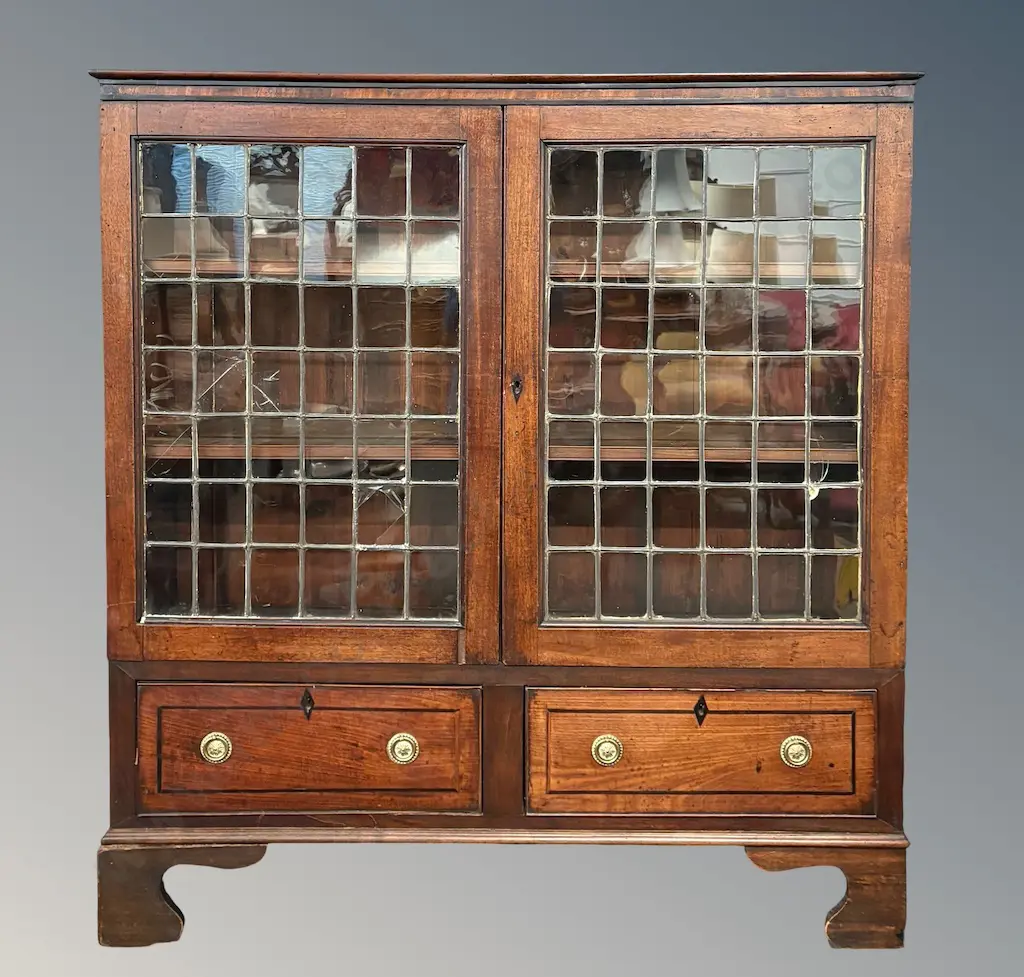 Mahogany with Ebony Stringing Two Drawer Two Glazed Leadlight Door Cabinet, AF, H132xL122xD30cm Image 1++