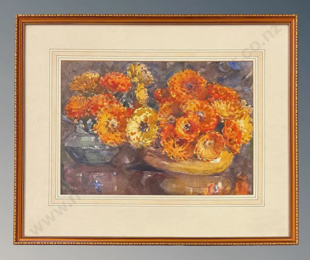Margaret Stoddart - Still Life Zinnias, watercolour on paper, 270x390mm Image 1++
